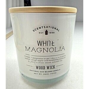 Scentsational White Magnolia Wood Wick Soy Blend Candle 26 oz Wood Lid Jar